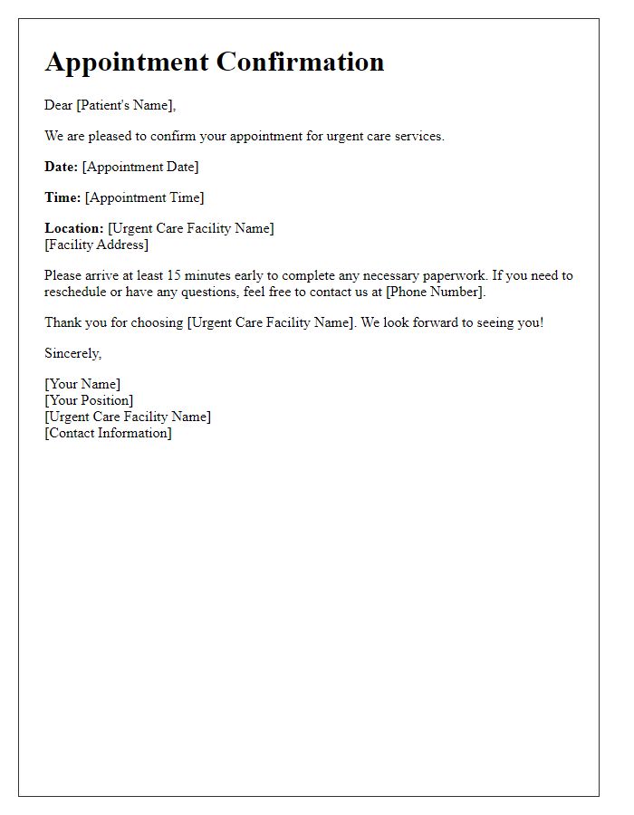 Letter template of appointment confirmation for urgent care services.