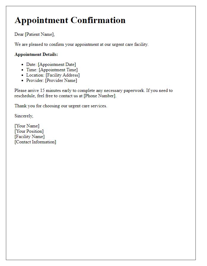 Letter template of confirmation for urgent care appointment.