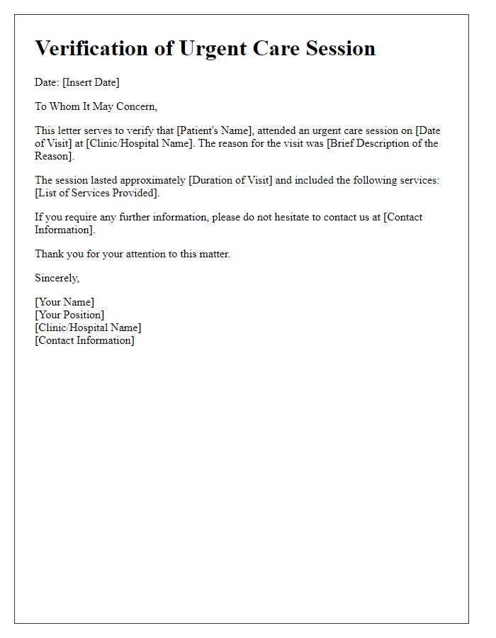 Letter template of verification for urgent care session.