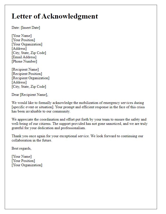 Letter template of acknowledgment regarding emergency services mobilization