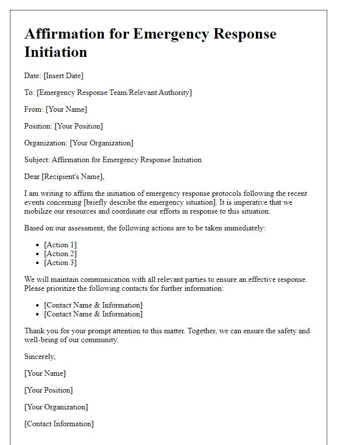 Letter template of affirmation for emergency response initiation