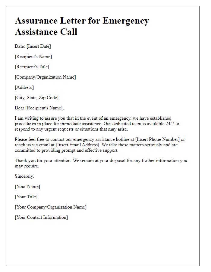 Letter template of assurance for emergency assistance call