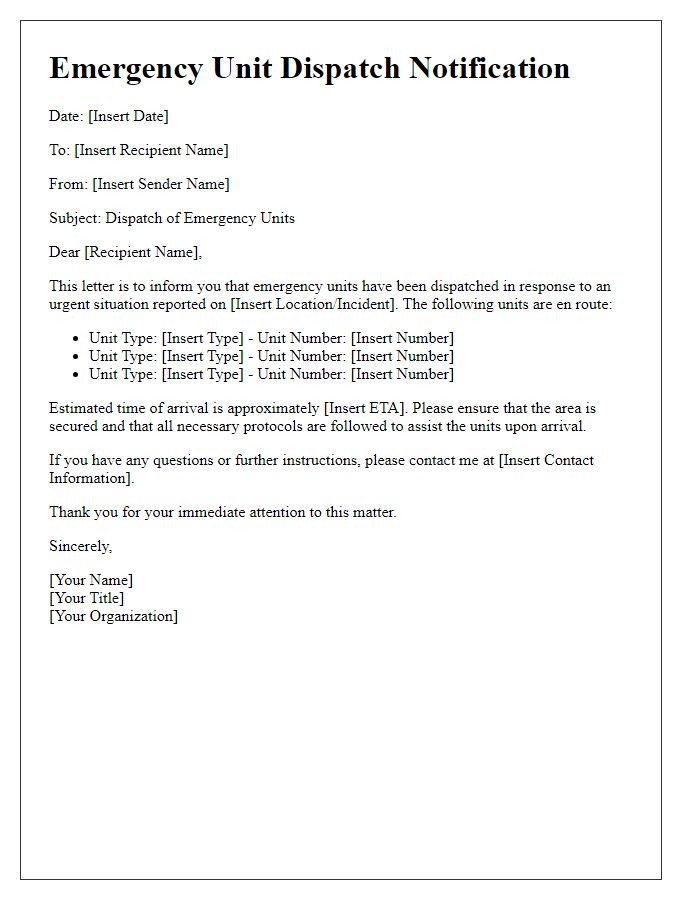 Letter template of communication on dispatching emergency units