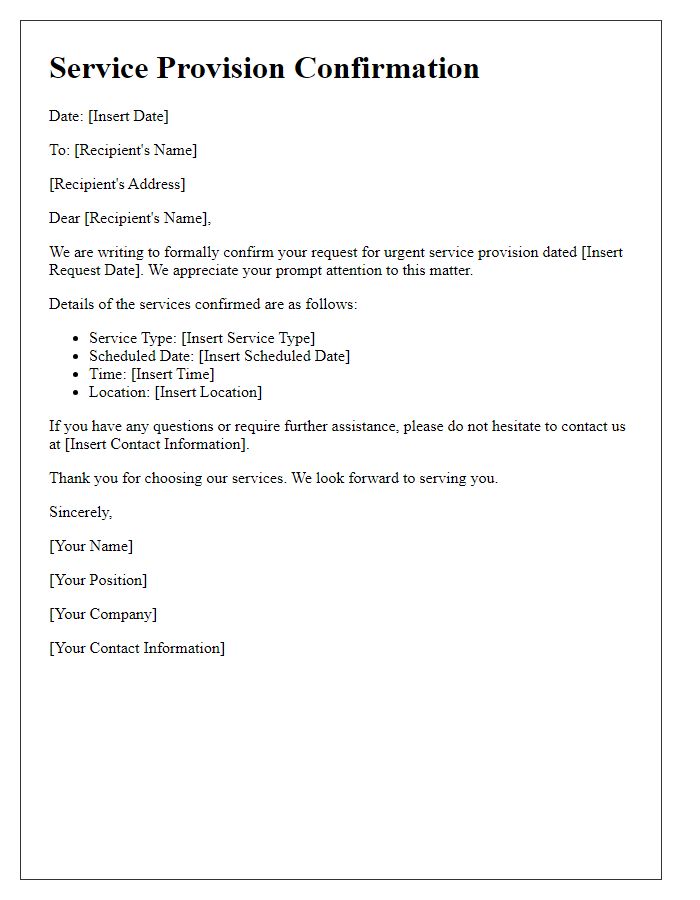 Letter template of confirmation regarding urgent service provision