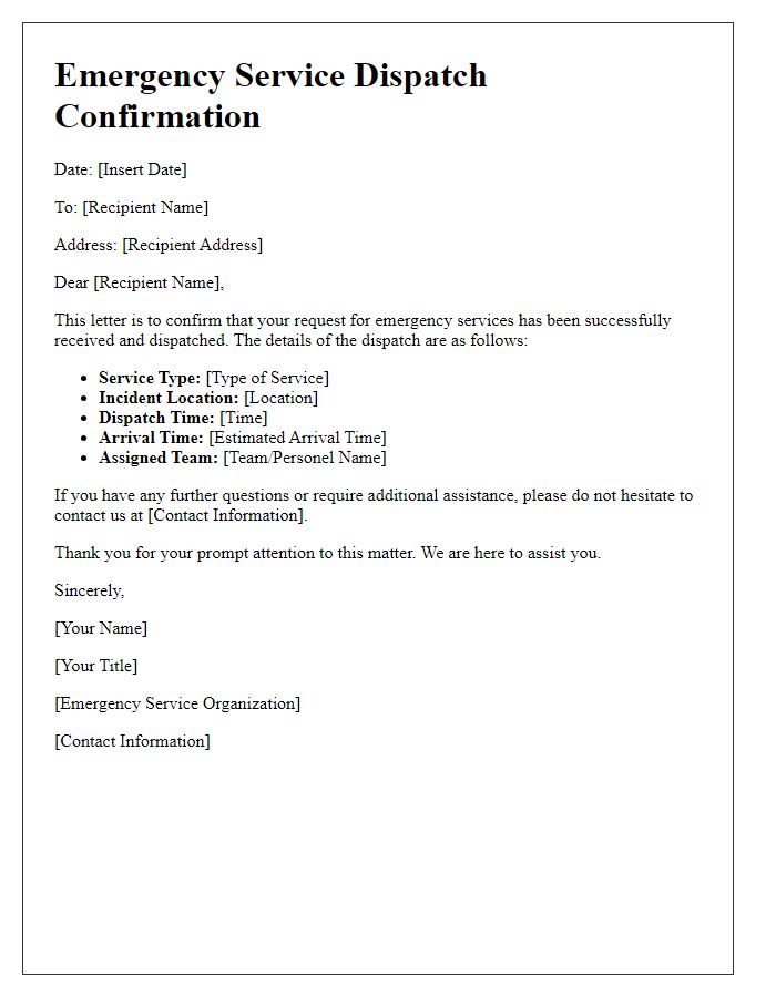 Letter template of emergency service dispatch confirmation