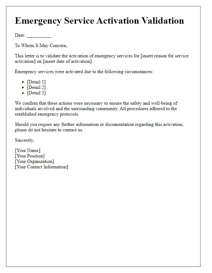 Letter template of validation for emergency service activation