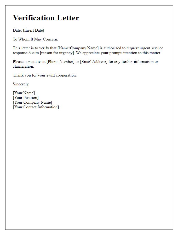 Letter template of verification for urgent service response