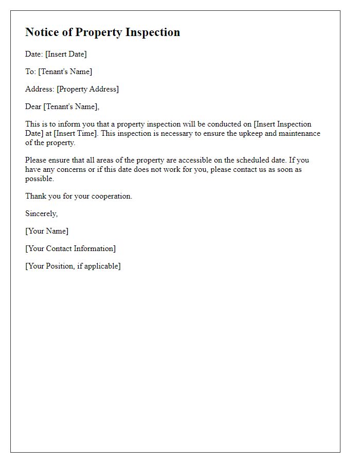 Letter template of notice for property inspection date