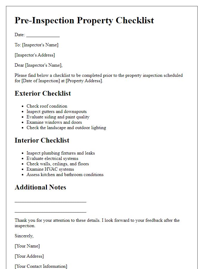 Letter template of pre-inspection property checklist