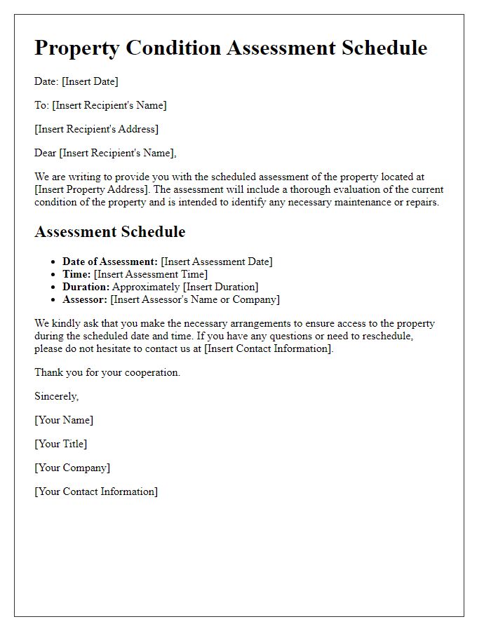 Letter template of property condition assessment schedule