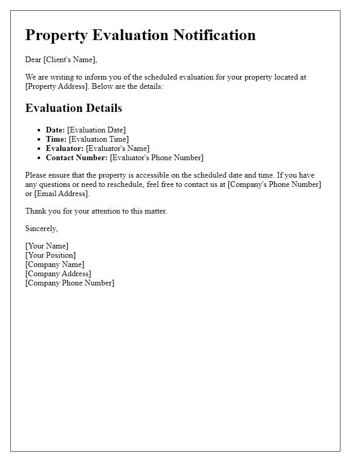 Letter template of scheduled property evaluation details