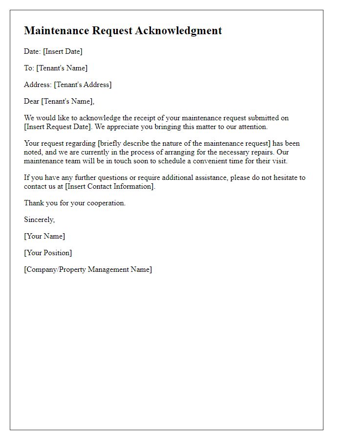 Letter template of acknowledgment for maintenance request