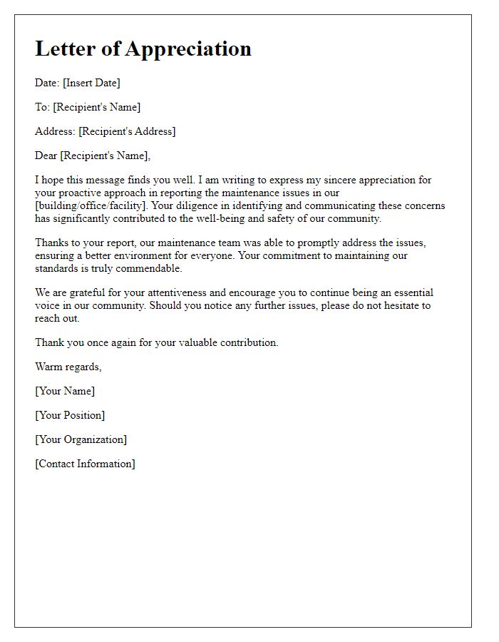 Letter template of appreciation for reporting maintenance issues