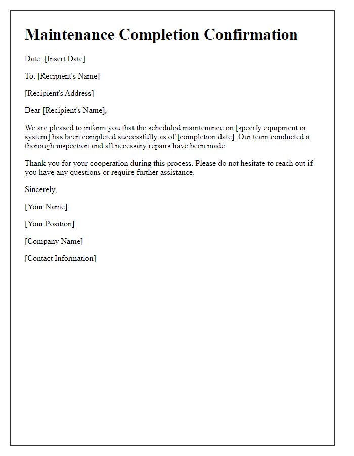 Letter template of confirmation for maintenance completion