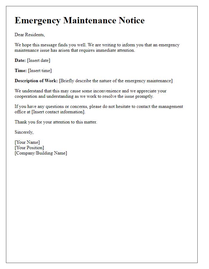 Letter template of emergency maintenance notice