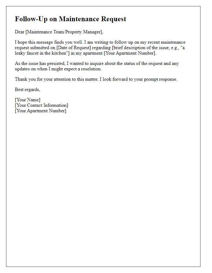 Letter template of follow-up on maintenance request status