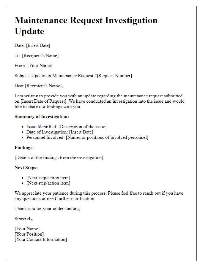 Letter template of maintenance request investigation update