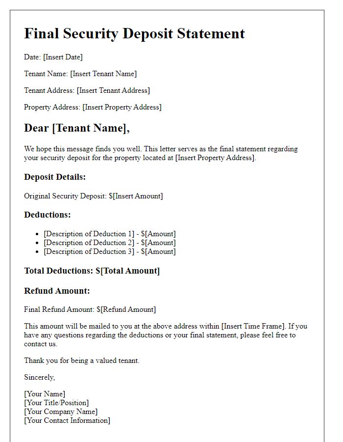 Letter template of final security deposit statement