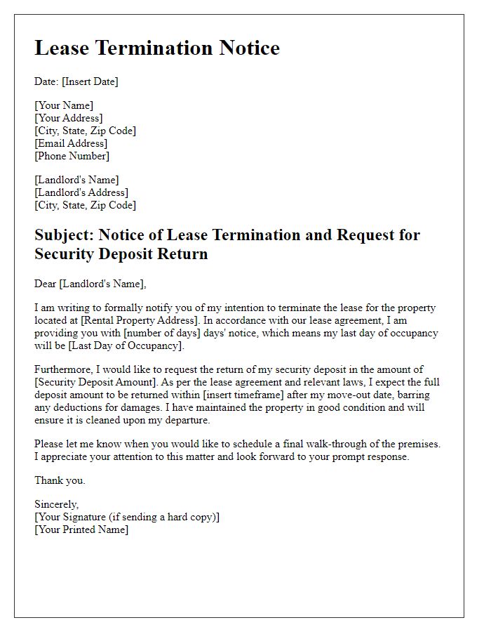 Letter template of lease termination and security deposit return