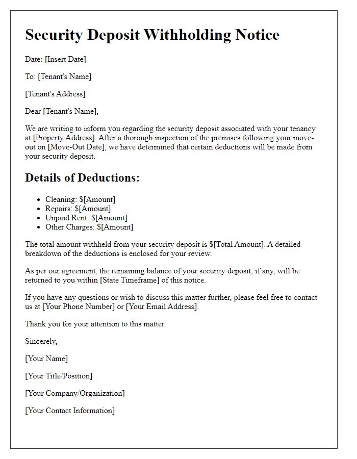 Letter template of notice for security deposit withholding