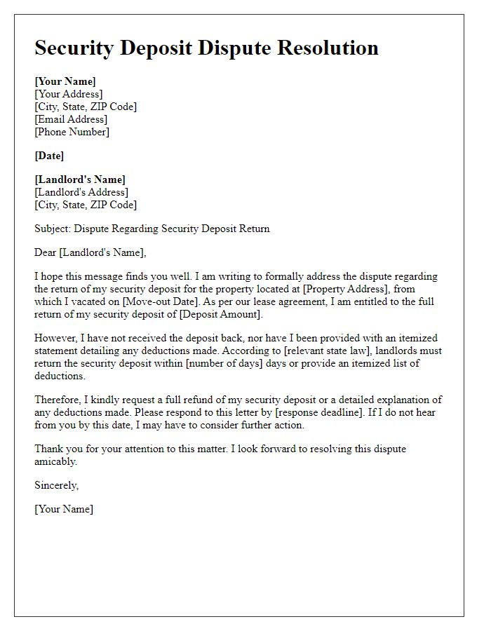 Letter template of security deposit dispute resolution