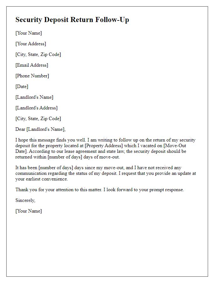 Letter template of security deposit return follow-up