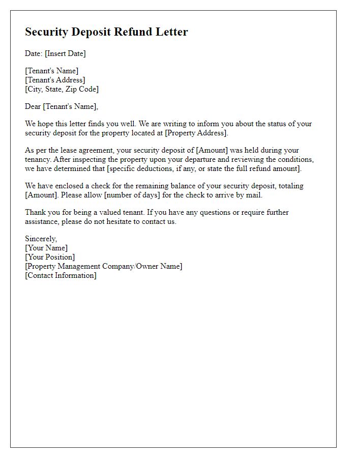 Letter template of tenant security deposit refund