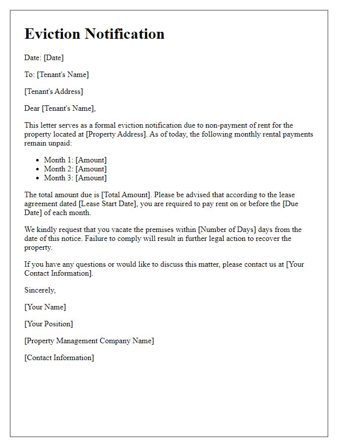 Letter template of eviction notification for unpaid lease agreements.