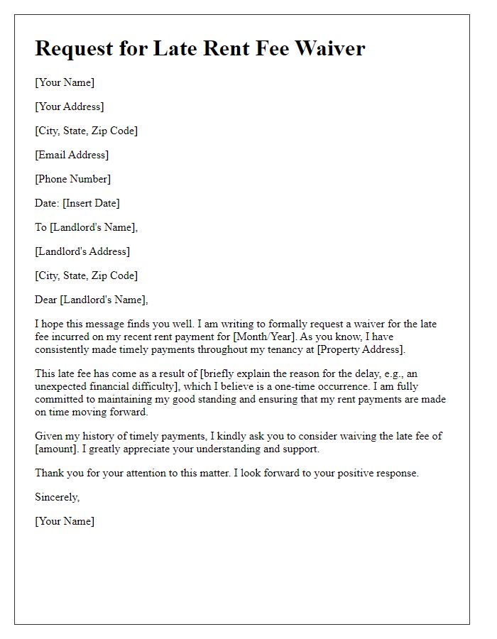 Letter template of inquiry for late rent fee waiver based on previous timely payments.