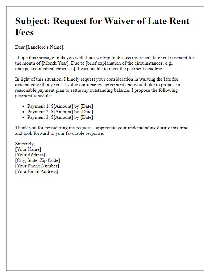 Letter template of negotiation for late rent fee waiver with proposed payment plan.