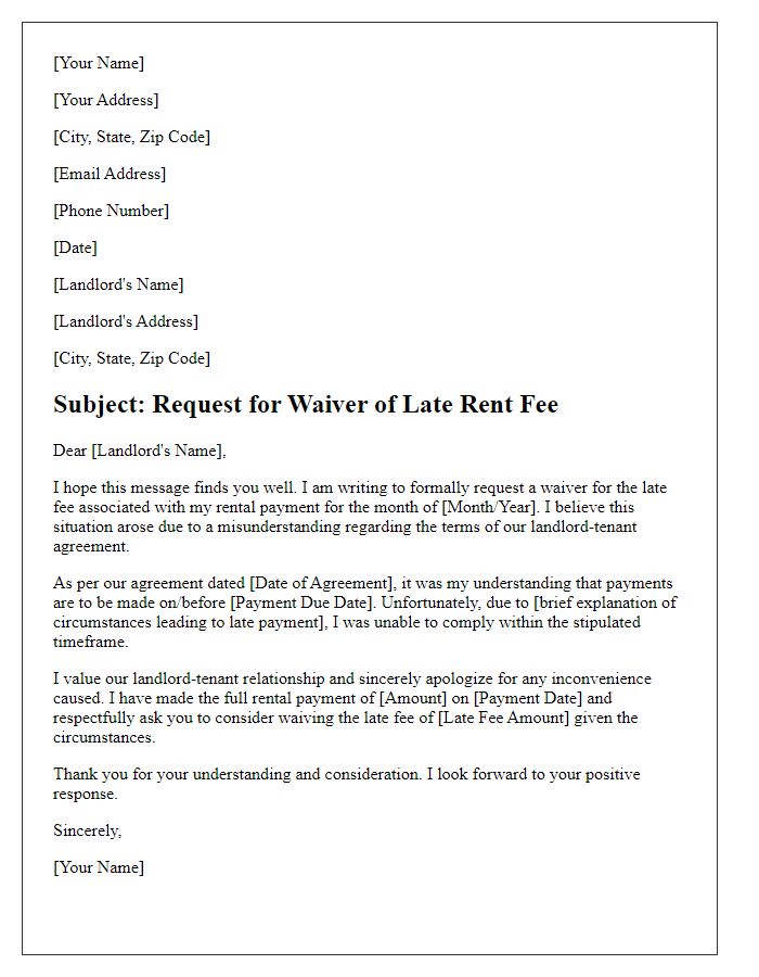 Letter template of solicitation for late rent fee waiver because of landlord-tenant agreement misunderstanding.