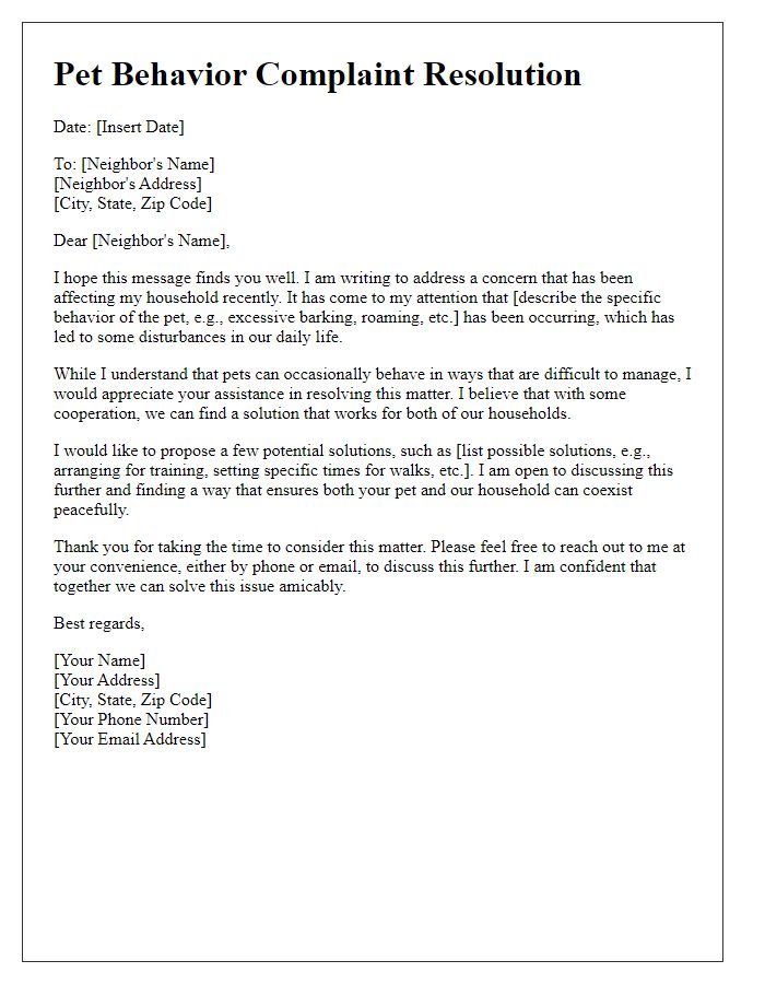 Letter template of Pet Behavior Complaint Resolution for Neighbors