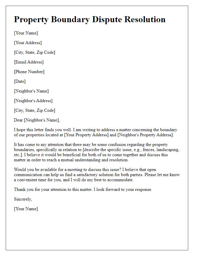 Letter template of Property Boundary Dispute Resolution for Neighbors