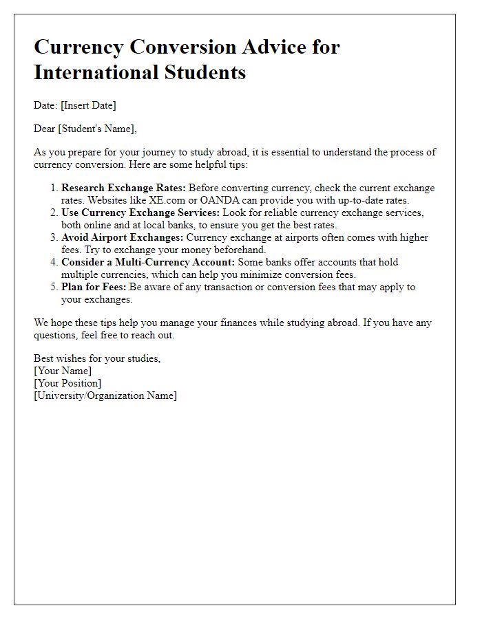 Letter template of currency conversion advice for international students.