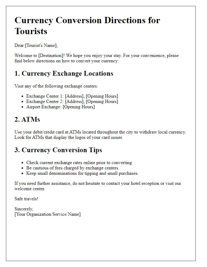 Letter template of currency conversion directions for tourists.