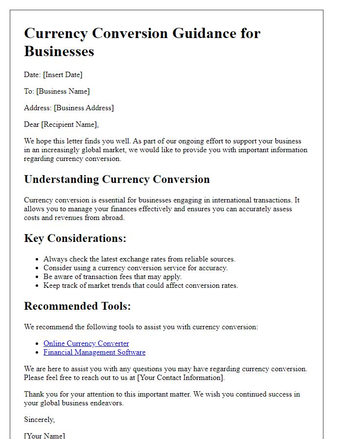 Letter template of currency conversion guidance for businesses.