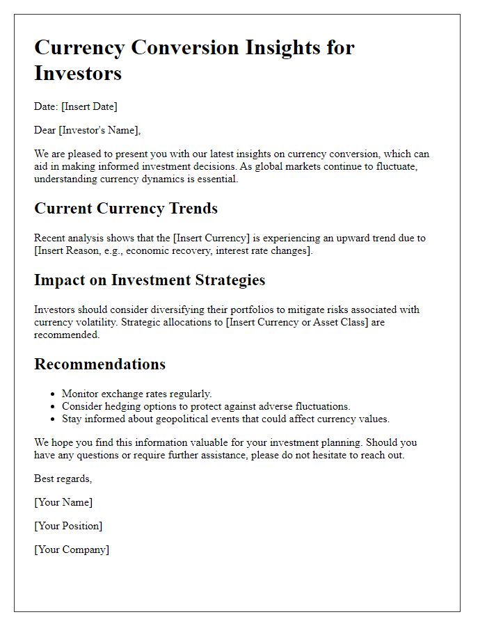 Letter template of currency conversion insights for investors.