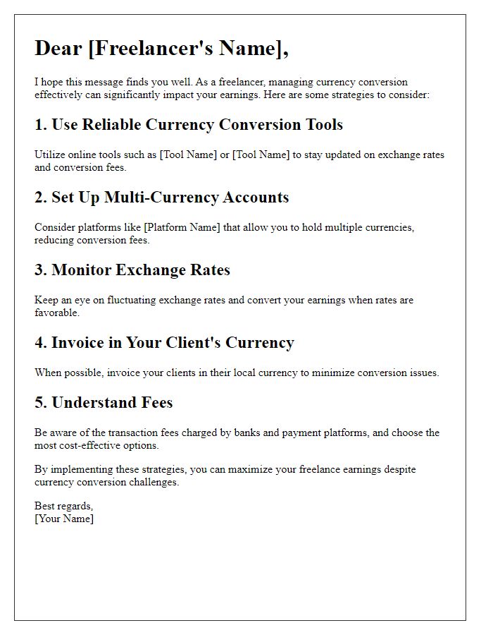 Letter template of currency conversion strategies for freelancers.