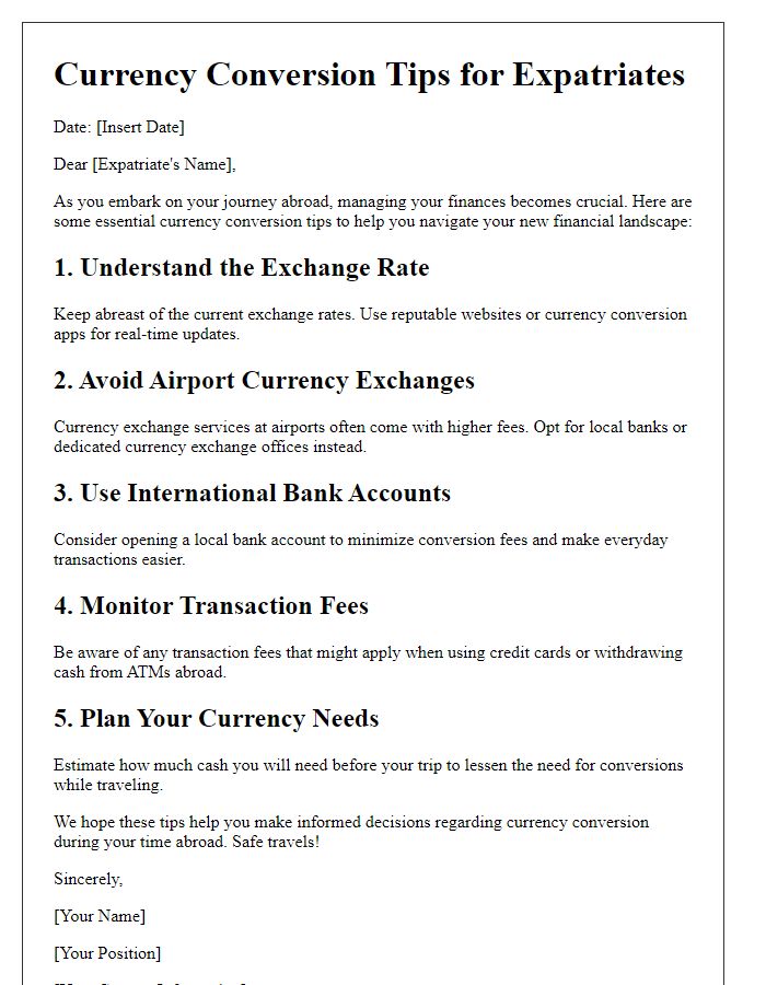 Letter template of currency conversion tips for expatriates.