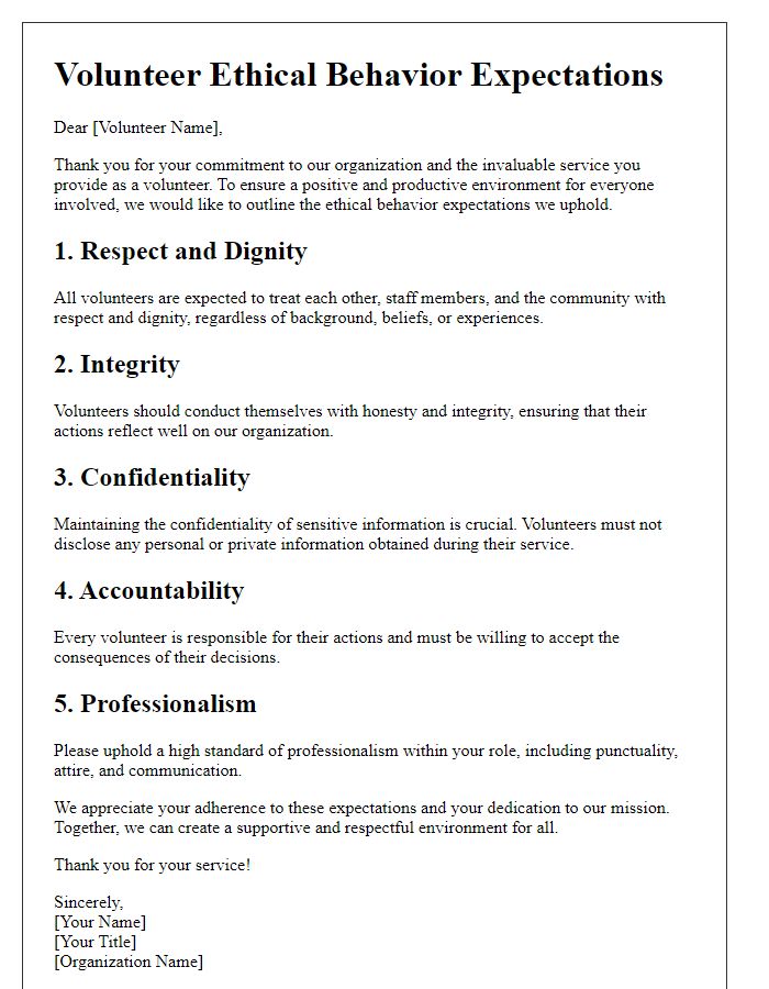 Letter template of volunteer ethical behavior expectations.