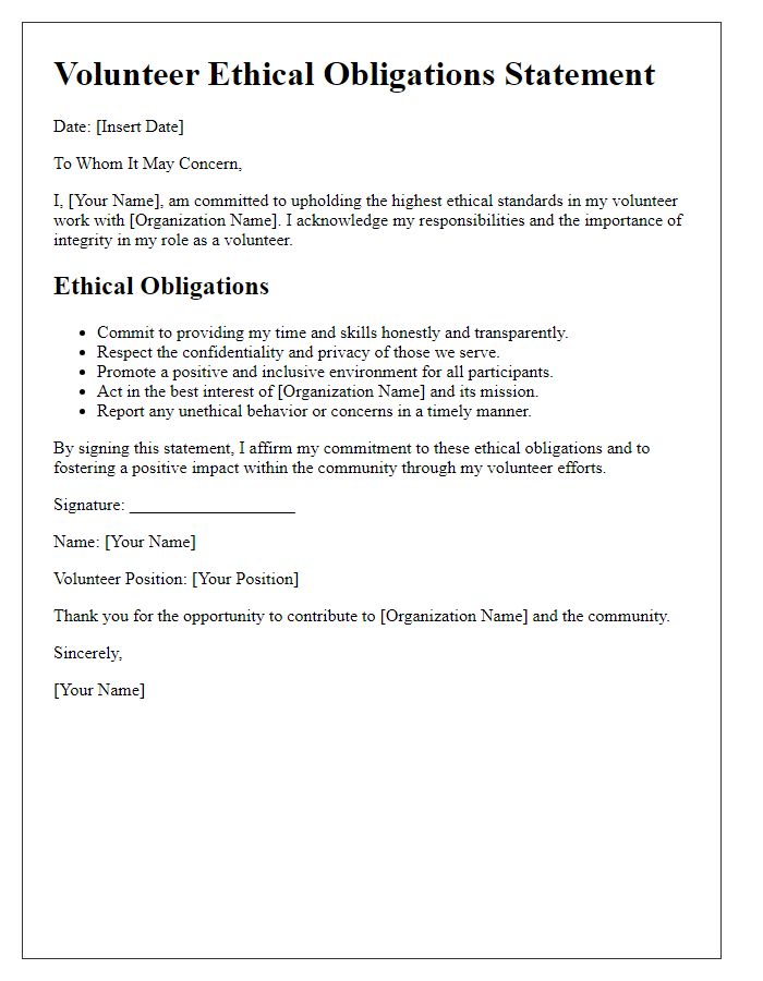 Letter template of volunteer ethical obligations statement.