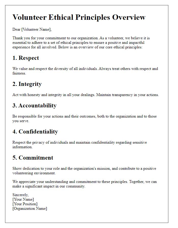 Letter template of volunteer ethical principles overview.