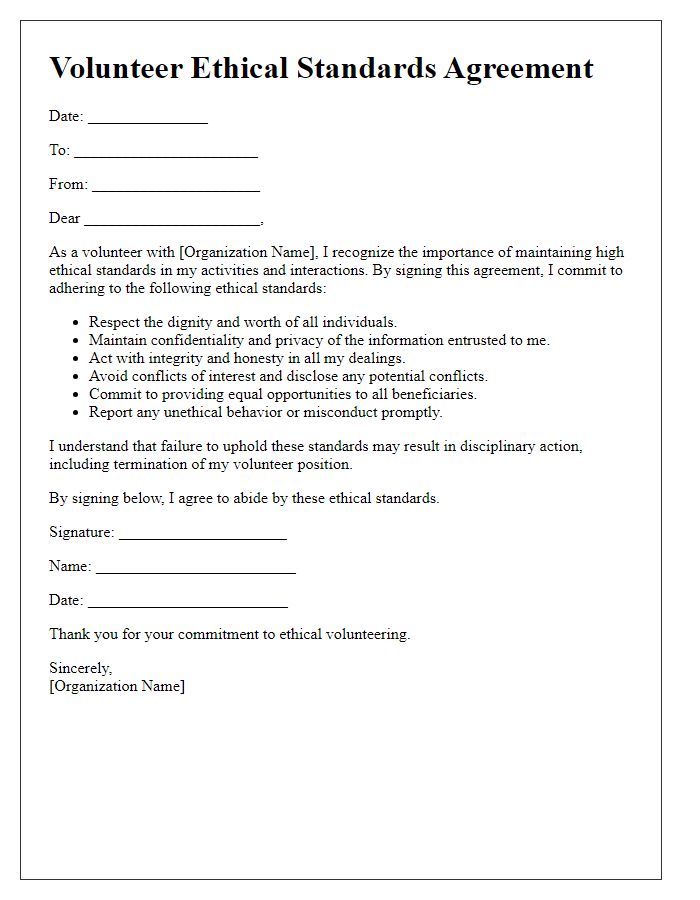 Letter template of volunteer ethical standards agreement.