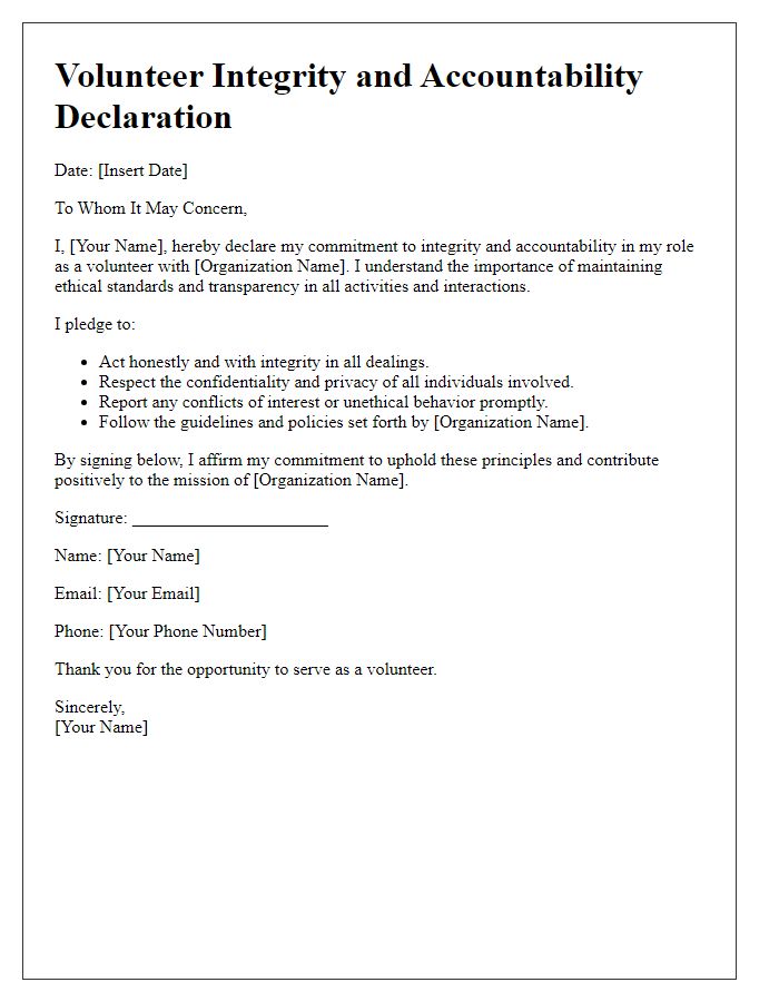 Letter template of volunteer integrity and accountability declaration.