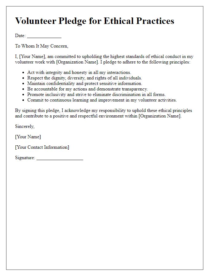 Letter template of volunteer pledge for ethical practices.