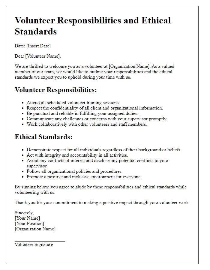 Letter template of volunteer responsibilities and ethical standards.