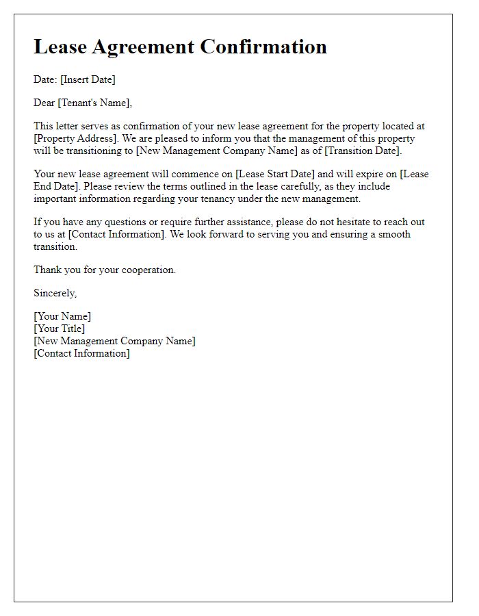 Letter template of confirmation for new lease agreements under different management