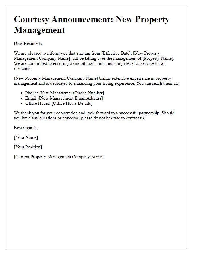 Letter template of courtesy announcement regarding new property management