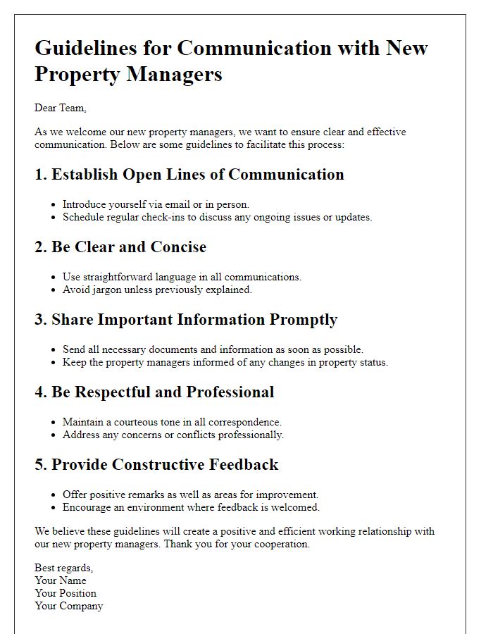 Letter template of guidelines for communication with new property managers