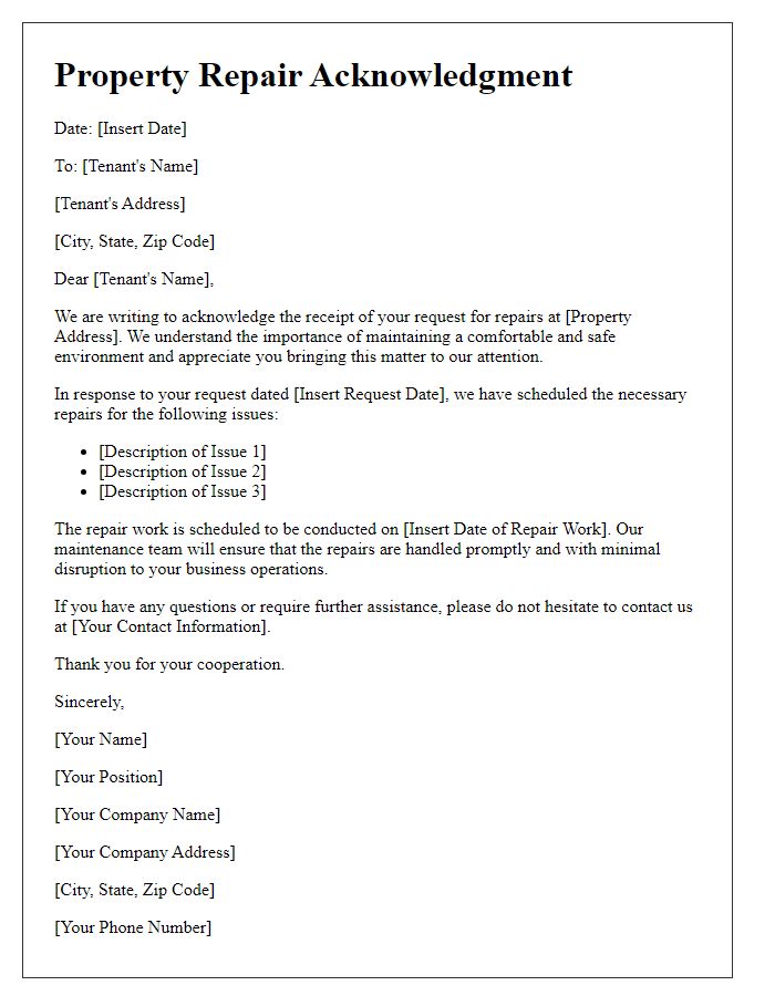 Letter template of property repair acknowledgment for commercial properties.